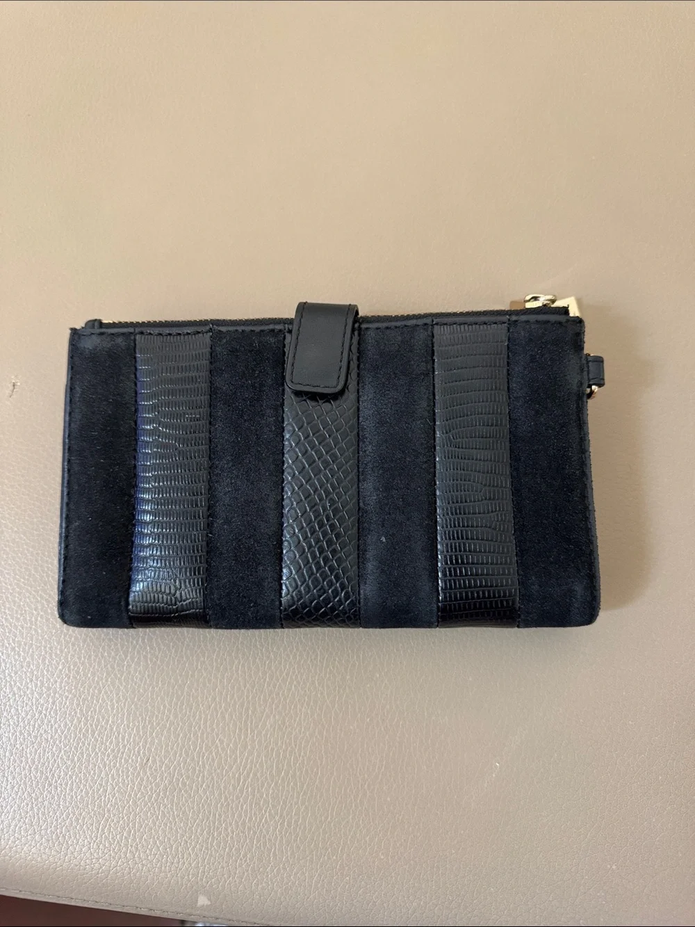 Michael Kors Black Suede & Textured Leather Zip Pouch with Gold Logo